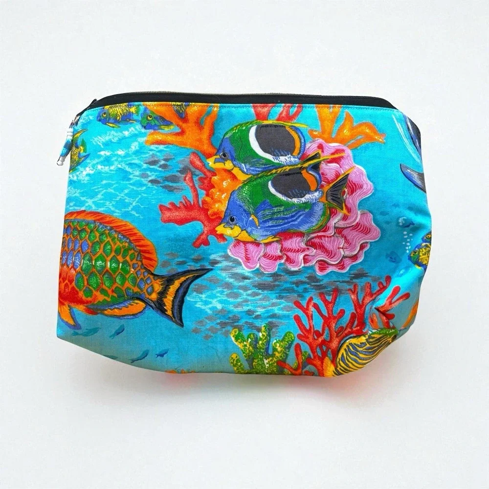 Beach Coral Fish Underwater Theme Make Up Toiletry Bag Zip vibrant blue clean